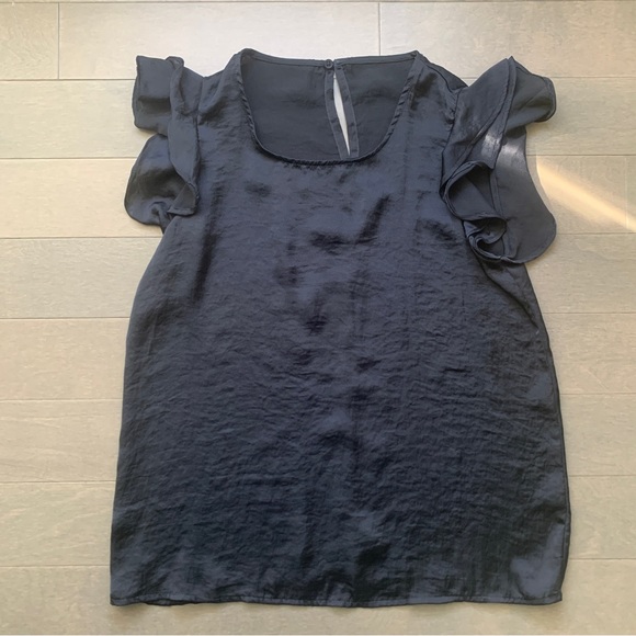 Navy Blue Satin Top with Frills - Picture 2 of 6